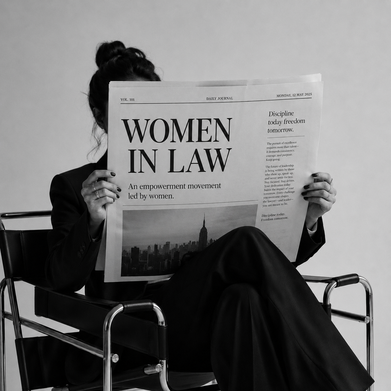 Person in a suit holding a newspaper with the headline WOMEN IN LAW