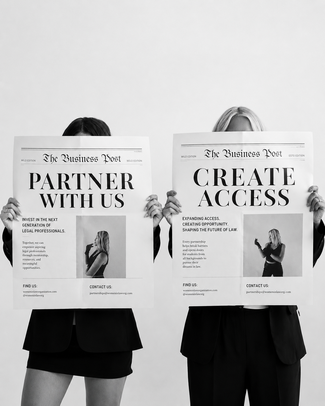 Two women holding newspapers that read Partner With Us and Create Access
