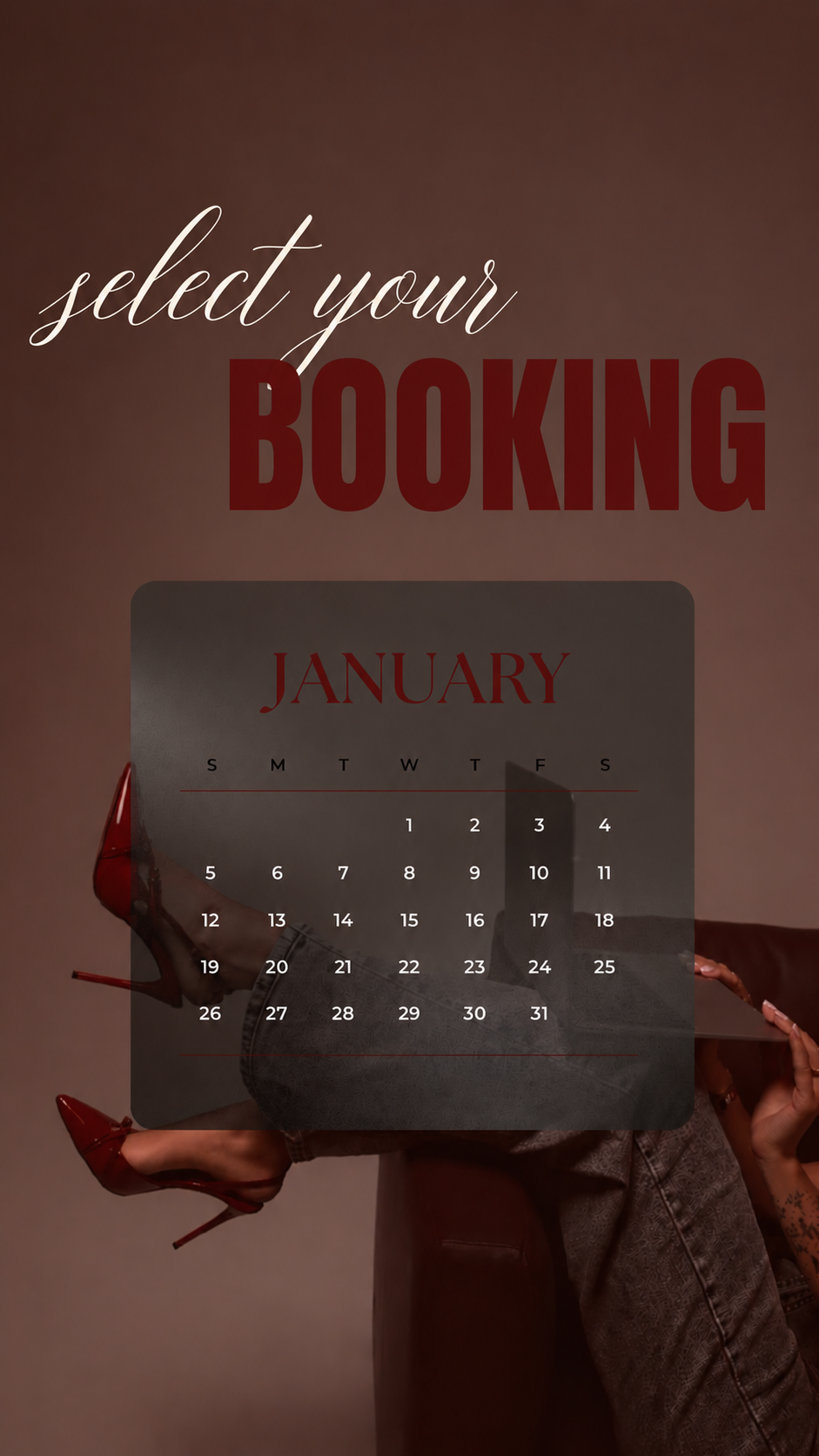 Select your booking - a luxury calendar with red heels and warm brown tones