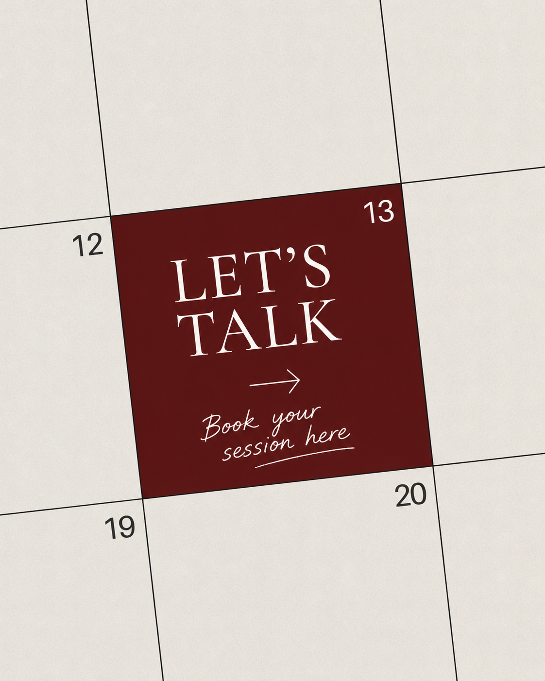 A calendar tile that reads 'Let's Talk — Book your session here'
