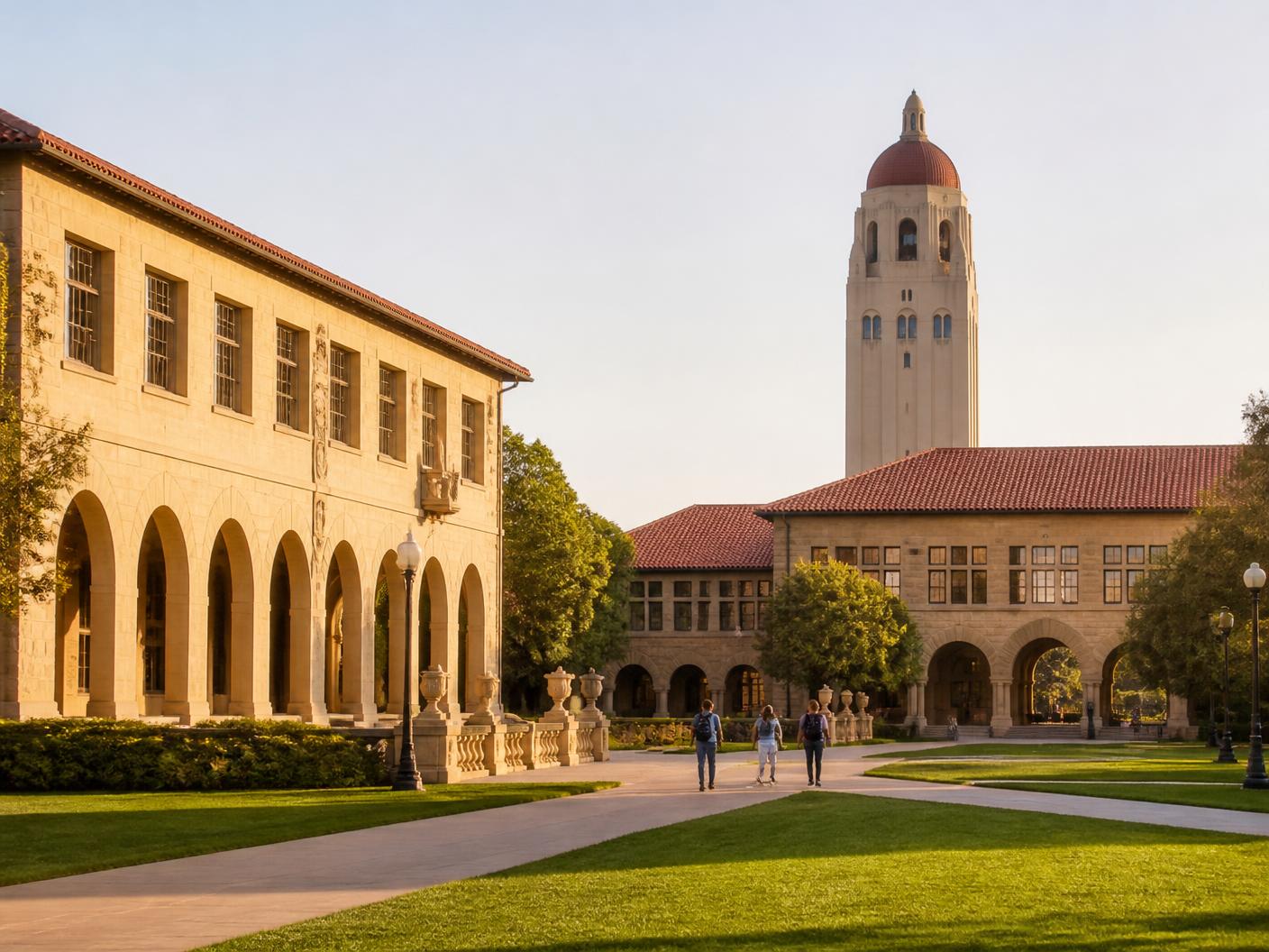A sunlit university campus quad