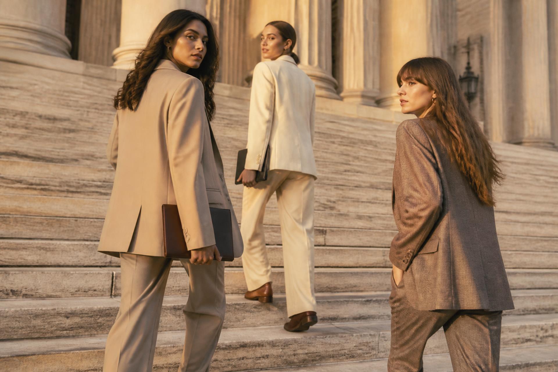 Young women in tailored suits walking up the steps of a courthouse